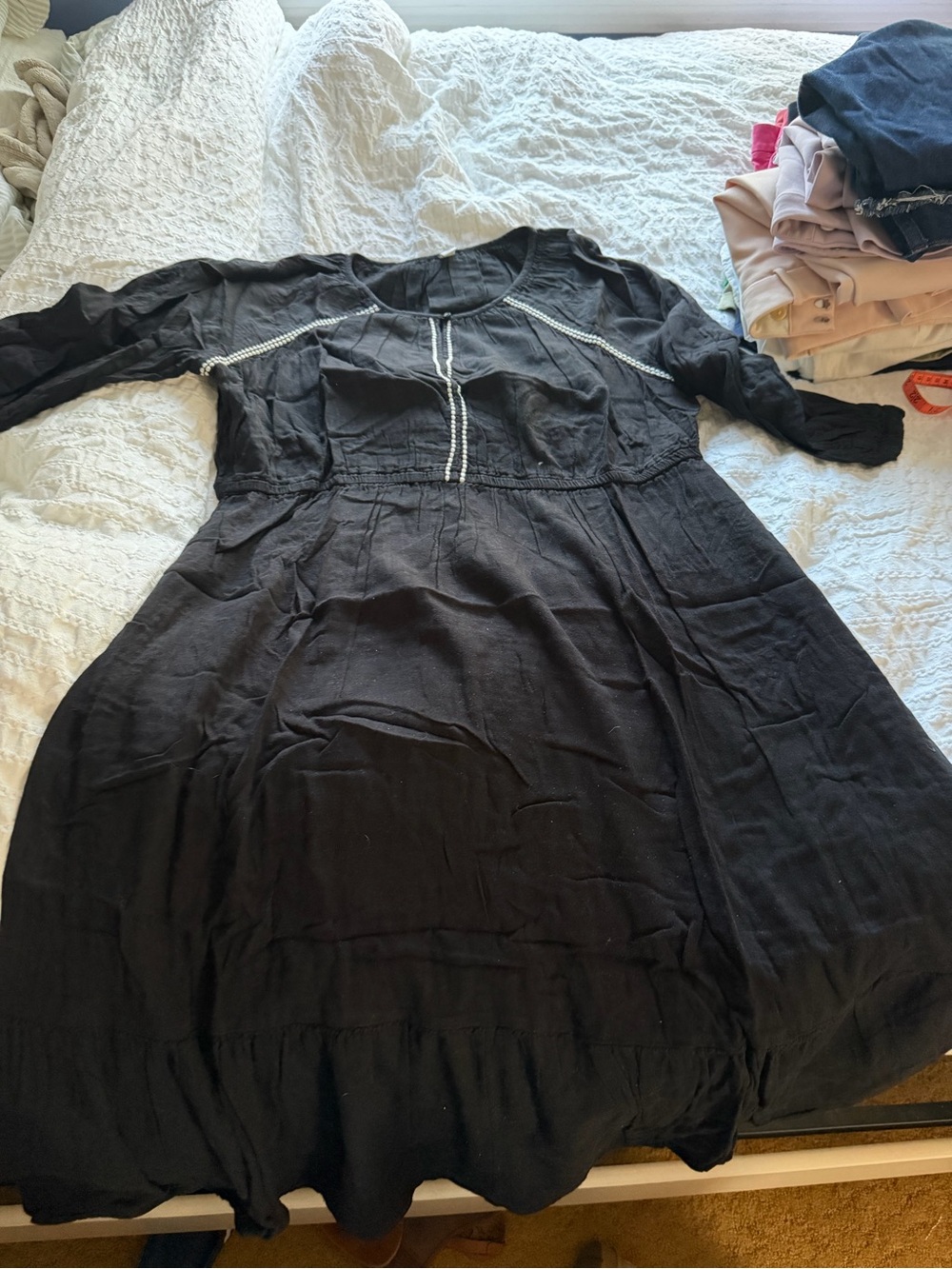 Old Navy Black Long-Sleeve Tiered Midi Dress with Embroidered Trim